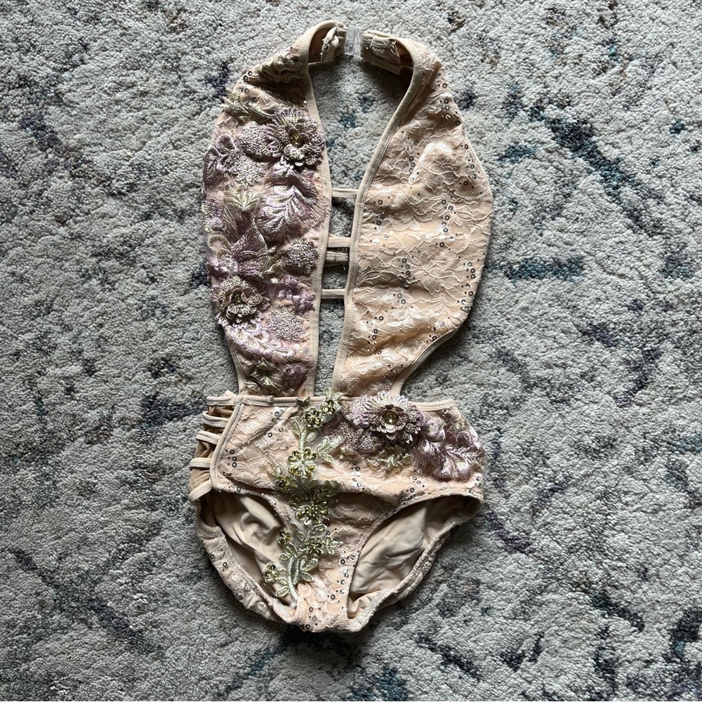 Custom Beige Cut Out Bodysuit Dance Costume